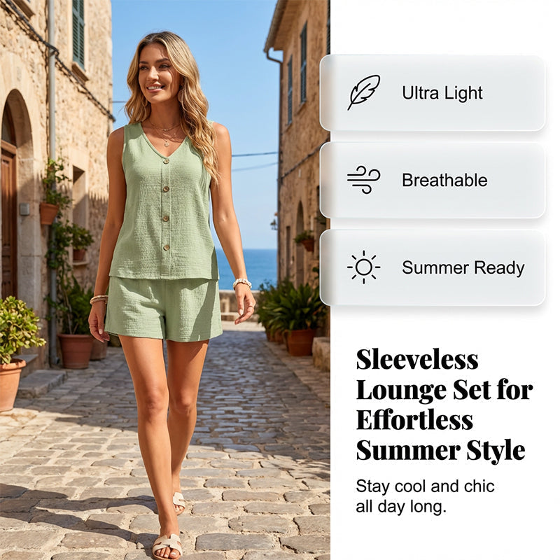 🌬️ Set casual două piese – decolteu în V, fără mâneci – Stil lejer pentru zile călduroase ☀️