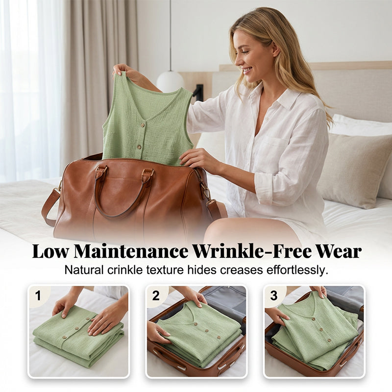 🌬️ Set casual două piese – decolteu în V, fără mâneci – Stil lejer pentru zile călduroase ☀️