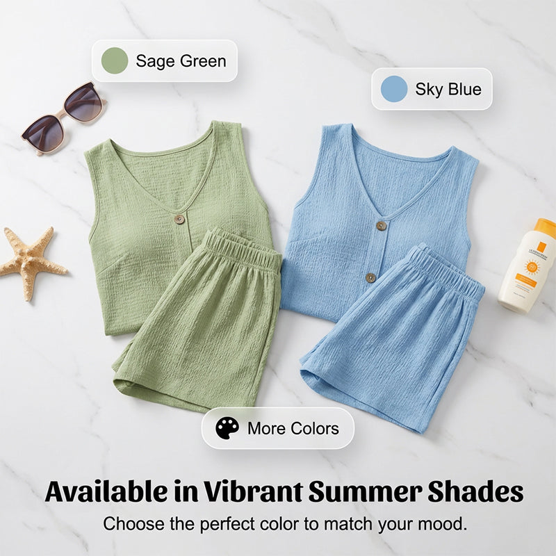 🌬️ Set casual două piese – decolteu în V, fără mâneci – Stil lejer pentru zile călduroase ☀️