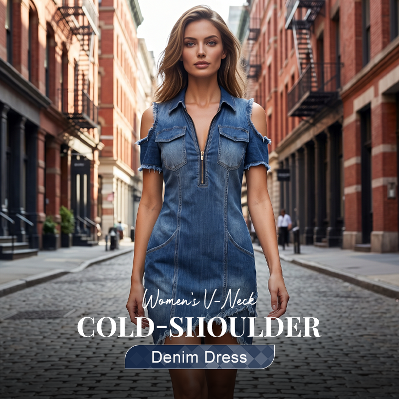 👗 Rochie din denim cu decolteu în V și umeri goi – stil modern, feminin, perfectă pentru zilele însorite. ☀️ Plată la livrare!