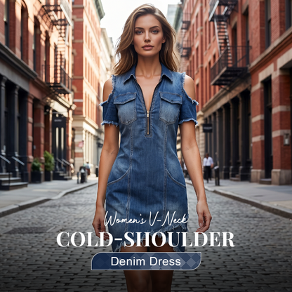 👗 Rochie din denim cu decolteu în V și umeri goi – stil modern, feminin, perfectă pentru zilele însorite. ☀️ Plată la livrare!