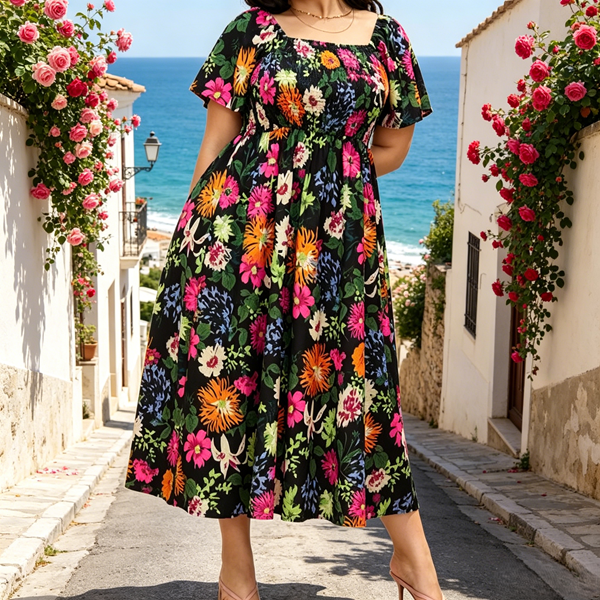 🔥 30% reducere! Rochie florală cu volane, decolteu pătrat și buzunare – drăguță și practică pentru plajă sau oraș.