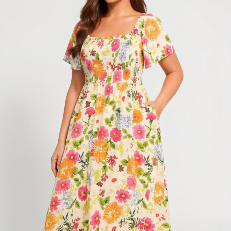 🔥 30% reducere! Rochie florală cu volane, decolteu pătrat și buzunare – drăguță și practică pentru plajă sau oraș.