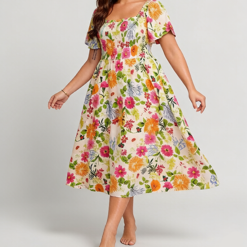 🔥 30% reducere! Rochie florală cu volane, decolteu pătrat și buzunare – drăguță și practică pentru plajă sau oraș.