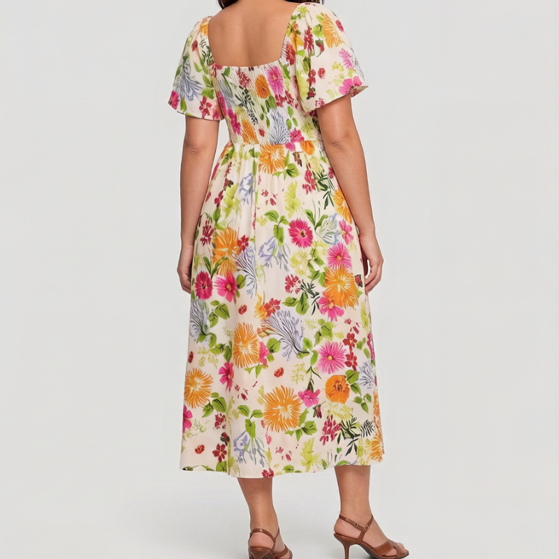 🔥 30% reducere! Rochie florală cu volane, decolteu pătrat și buzunare – drăguță și practică pentru plajă sau oraș.