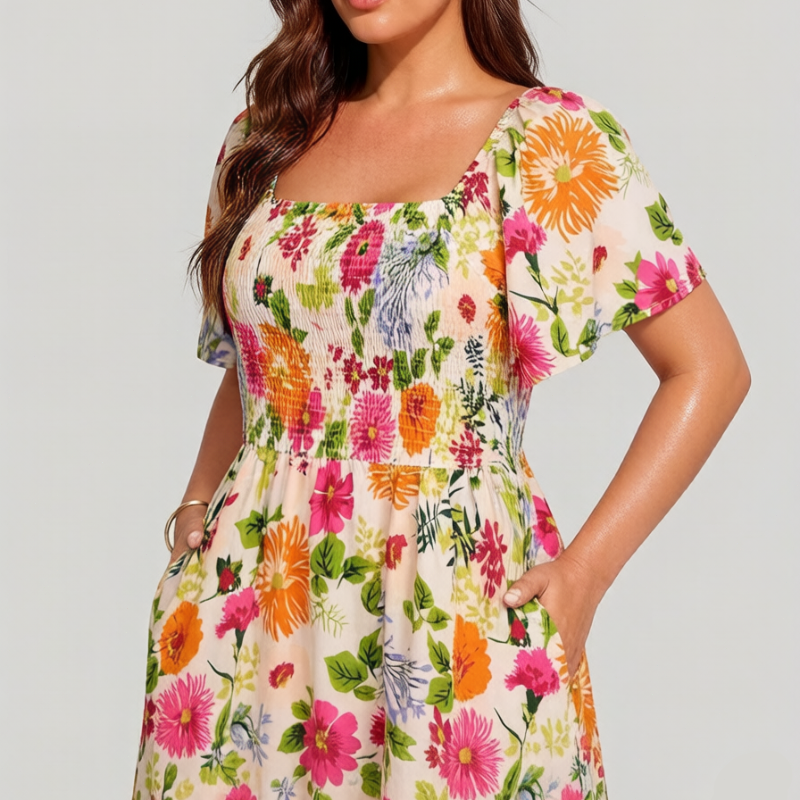 🔥 30% reducere! Rochie florală cu volane, decolteu pătrat și buzunare – drăguță și practică pentru plajă sau oraș.