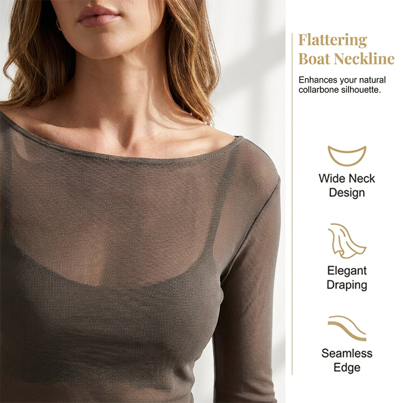 🥇 Nou sosit – 30% REDUCERE! Bluză transparentă cu mânecă lungă și guler barcă – subtilă și elegantă.