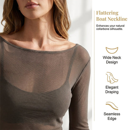 🥇 Nou sosit – 30% REDUCERE! Bluză transparentă cu mânecă lungă și guler barcă – subtilă și elegantă.
