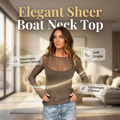 🥇 Nou sosit – 30% REDUCERE! Bluză transparentă cu mânecă lungă și guler barcă – subtilă și elegantă.