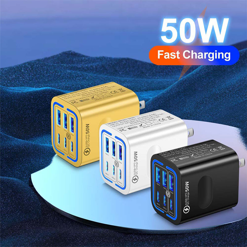 🔥 Super încărcător 50W cu 6 porturi – 3 USB‑C + 3 USB‑A. Încarcă telefon, tabletă, laptop simultan. ✅ Plată la livrare!