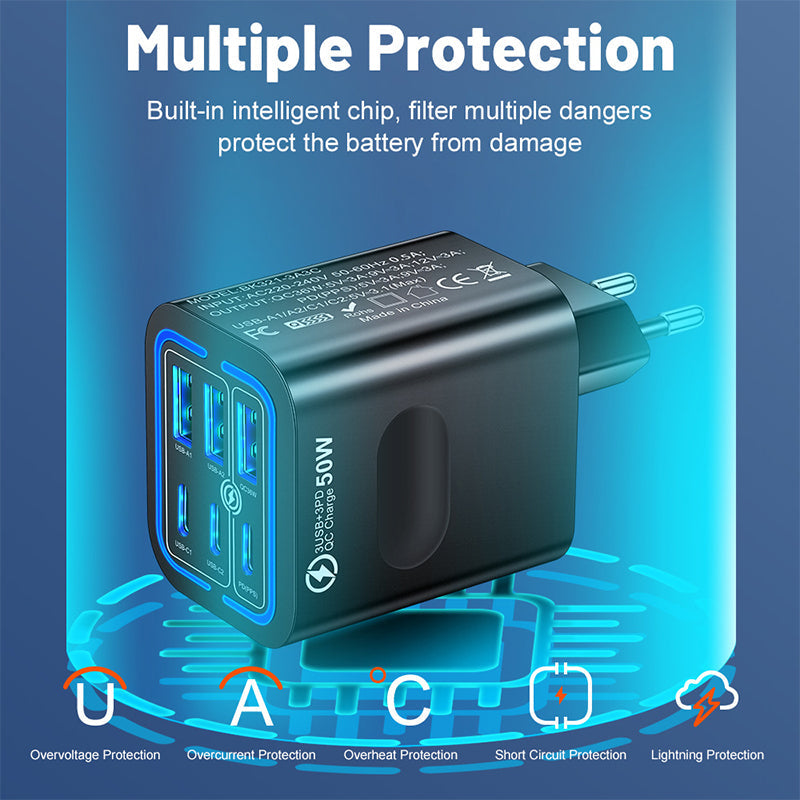 🔥 Super încărcător 50W cu 6 porturi – 3 USB‑C + 3 USB‑A. Încarcă telefon, tabletă, laptop simultan. ✅ Plată la livrare!