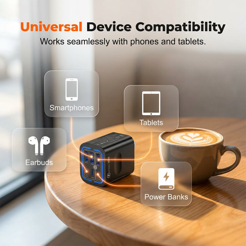 🔥 Super încărcător 50W cu 6 porturi – 3 USB‑C + 3 USB‑A. Încarcă telefon, tabletă, laptop simultan. ✅ Plată la livrare!