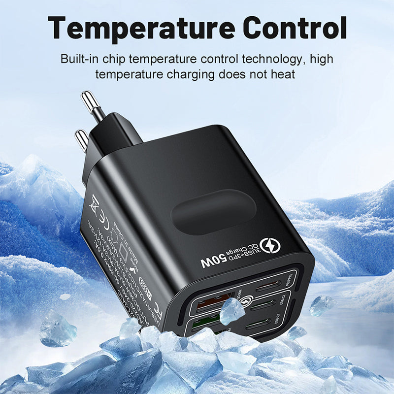 🔥 Super încărcător 50W cu 6 porturi – 3 USB‑C + 3 USB‑A. Încarcă telefon, tabletă, laptop simultan. ✅ Plată la livrare!