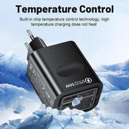 🔥 Super încărcător 50W cu 6 porturi – 3 USB‑C + 3 USB‑A. Încarcă telefon, tabletă, laptop simultan. ✅ Plată la livrare!