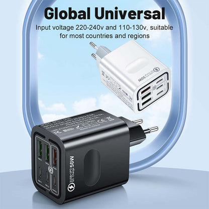 🔥 Super încărcător 50W cu 6 porturi – 3 USB‑C + 3 USB‑A. Încarcă telefon, tabletă, laptop simultan. ✅ Plată la livrare!