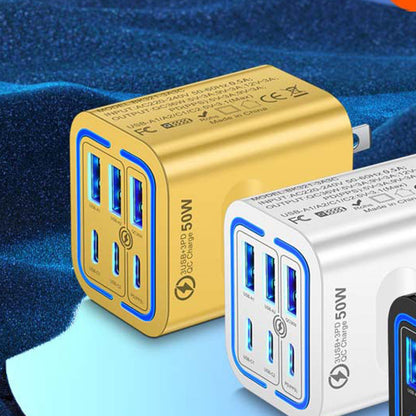 🔥 Super încărcător 50W cu 6 porturi – 3 USB‑C + 3 USB‑A. Încarcă telefon, tabletă, laptop simultan. ✅ Plată la livrare!