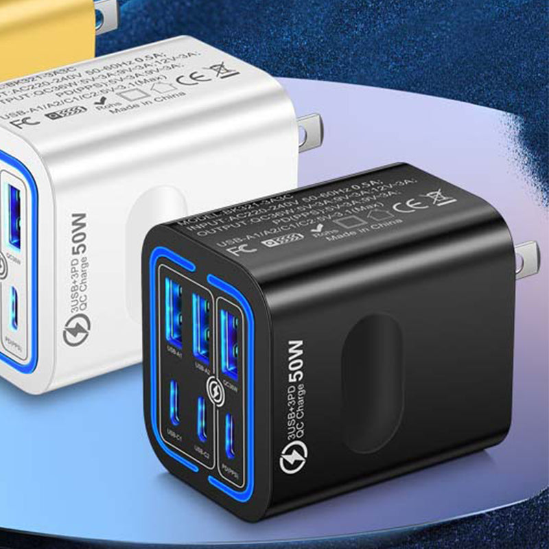 🔥 Super încărcător 50W cu 6 porturi – 3 USB‑C + 3 USB‑A. Încarcă telefon, tabletă, laptop simultan. ✅ Plată la livrare!