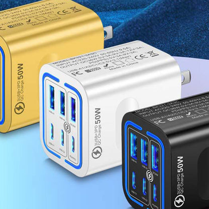 🔥 Super încărcător 50W cu 6 porturi – 3 USB‑C + 3 USB‑A. Încarcă telefon, tabletă, laptop simultan. ✅ Plată la livrare!