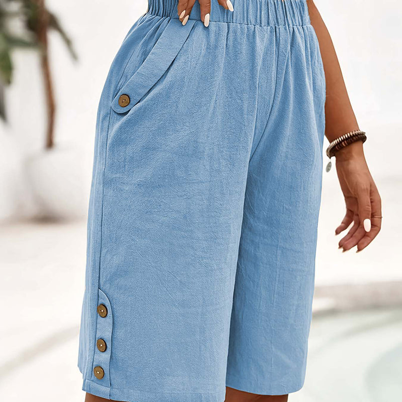 👖 Pantaloni femei talie elastică – lungime Capri (până la genunchi), detalii cu nasturi. 🚚 Plătești la livrare – stoc limitat 🔥