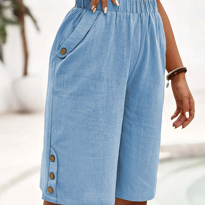 👖 Pantaloni femei talie elastică – lungime Capri (până la genunchi), detalii cu nasturi. 🚚 Plătești la livrare – stoc limitat 🔥
