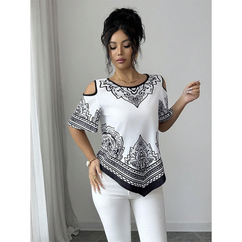 👕 Tricou cu umeri goi în stil boem, cu imprimeu texturat, tiv asimetric și mâneci scurte⬛⬜
